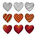 Set of hand drawn hearts. Colorful valentine vector sketch doodle. Graphic design elements. Stripe line art design