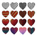 Set of hand drawn hearts. Colorful valentine vector sketch doodle. Graphic design elements. Stripe line art design