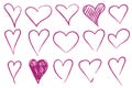 Set of hand drawn hearts. Vector illustration in graphic style. Purple hearts for design for saint valentine, logos