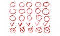 Set of hand drawn highlight red circles and check mark icons. Decorative design elements collection. Vector illustratiob Royalty Free Stock Photo