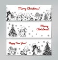 Set of hand drawn horizontal Happy New Year and Merry Christmas greeting cards with cute gnomes. Vector illustration in sketch Royalty Free Stock Photo