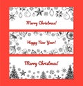 Set of hand drawn horizontal Happy New Year and Merry Christmas greeting cards with stars and Christmas trees. Vector illustration Royalty Free Stock Photo