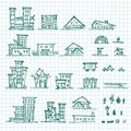 Set of hand drawn houses.Different building sketch collection. EPS vector Royalty Free Stock Photo