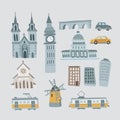 Set of hand drawn houses, monuments. Transportation vehicles. Urban icons isolated on blue background. Town, village