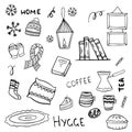 Set of hand drawn hygge cozy elements doodles in vector