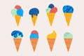 Set of hand-drawn ice cream cones. Hand drawn flat design Royalty Free Stock Photo