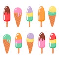 Set of hand drawn ice cream cones and popsicles, tasty colorful collection of cute simple ice creams isolated on white Royalty Free Stock Photo