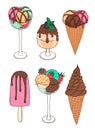 Set of hand drawn ice cream with waffle cone, cup, tall glass, chocolatte Royalty Free Stock Photo