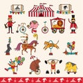 Set of hand-drawn icons on a circus theme.