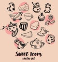 Set of hand drawn icons, cute tea things Royalty Free Stock Photo