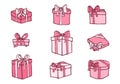 Set of hand drawn icons of pink gifts in doodle style. Cartoon present box set with bows.