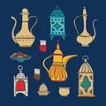 Set of hand drawn iftar dinner icons. Arabic teapot, cup of coffee, plate with date fruit and ornamental lanterns for Royalty Free Stock Photo