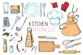 Set of hand drawn illustration with Kitchen Utensils. Actual vector drawing of coocking tools: dish, fork, spoon, knife, rolling Royalty Free Stock Photo