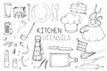 Set of hand drawn illustration with Kitchen Utensils. Actual vector drawing of coocking tools: dish, fork, spoon, knife, rolling