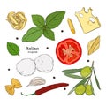 Set with hand drawn illustrations of food. Italian cuisine. Royalty Free Stock Photo