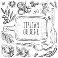 Set with hand drawn illustrations of food. Italian cuisine. Perfect for menu, cards, blogs, banners. vector illustration in vintag Royalty Free Stock Photo