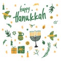 A set of hand-drawn illustrations for greeting cards with a winter scene and the inscription Happy Hanukkah and festive Royalty Free Stock Photo
