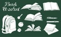 Set of  hand drawn ink and inverted  sketch with books, school items and lettering. White elements on dark green background. Royalty Free Stock Photo