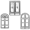 Set. Hand-drawn ink vector. Italian wooden door with elegant wrought iron handles. Glass on the facade. Closed entry. Double oak Royalty Free Stock Photo