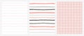 Set of 3 Hand Drawn Irregular Geometric Patterns. Stripes and Grid. Grey, Pink and White Design.