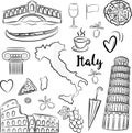 Set of hand drawn Italy icons, Rome set in vintage style