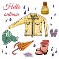 Set with hand drawn of items of autumn clothes and drops. Iink and colored sketch elements isolated on white background