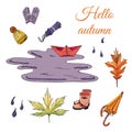 Set with hand drawn of items of autumn clothes and leaves. Ink and colored sketch elements isolated on white background