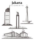 Set of hand-drawn Jakarta buildings. Jakarta elements sketch vector illustration