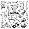 Set of hand drawn Japanese matcha tea ingredient and traditional ceremony elements, matcha latte, pie, dessert, cup Royalty Free Stock Photo