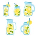 Set of hand drawn jars and glasses with lemonade. Vector illustration of fresh summer drink, tasty health beverage
