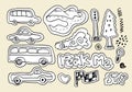 Set of hand drawn kids doodles like cars, hills, trees, traffic lights. Transport Doodle Collection, vector illustration Royalty Free Stock Photo