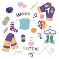 Set of hand-drawn knitting clipart. Concept of handmade workshop and creativity. Wool, yarn balls, needles, crochet, and woolen Royalty Free Stock Photo