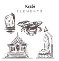 Set of hand-drawn Krabi buildings elements sketch vector illustration