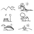 Set of hand drawn landscape related vector icon line design such as beach, desert, mountain, park and more. with doodle cartoon