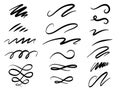 Set of hand drawn lettering and calligraphy swirls, squiggles. Vector ink decorations for composition Royalty Free Stock Photo