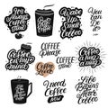 Set of hand drawn lettering coffee quotes.