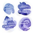 Set Hand drawn one line lettering winter phrase on white background. hello December - text on Watercolor violet and blue Royalty Free Stock Photo