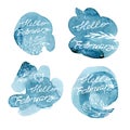 Set Hand drawn one line lettering winter phrase on white background. hello February - text on Watercolor turquoise