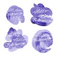 Set Hand drawn one line lettering winter phrase on white background. hello February - text on Watercolor violet and blue