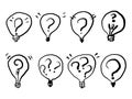 Set of hand drawn Light Bulb Icon with Question sign. doodle questions marks. isolated on white background Royalty Free Stock Photo