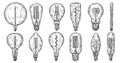Set of hand drawn light bulb in vintage engraved style. Electric lamp sketch collection Royalty Free Stock Photo