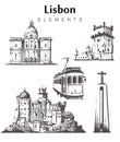 Set of hand-drawn Lisbon buildings. Lisbon elements sketch vector illustration Royalty Free Stock Photo