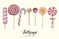 Set of hand drawn Lollipops. Sweets, desert menu. Lettering. Sketch.