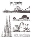 Set of hand-drawn Los Angeles buildings elements sketch vector illustration