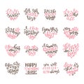 Set of hand drawn love quotes. Lettering about amour for poster, greeting card, banner. Calligraphy vector illustration