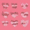 Set of hand drawn love quotes. Lettering about amour for poster, greeting card, banner. Calligraphy vector illustration