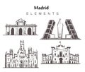 Set of hand-drawn Madrid buildings, elements sketch vector illustration Royalty Free Stock Photo