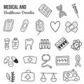 Set of Hand drawn Medical and Healthcare doodles. Hand sketched medicine icons. Vector illustration. Royalty Free Stock Photo