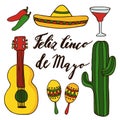 Set of hand drawn mexican icons for cinco de mayo holiday, isolated doodle illustrations Royalty Free Stock Photo