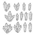 Set of hand drawn monochrome quartz crystals.